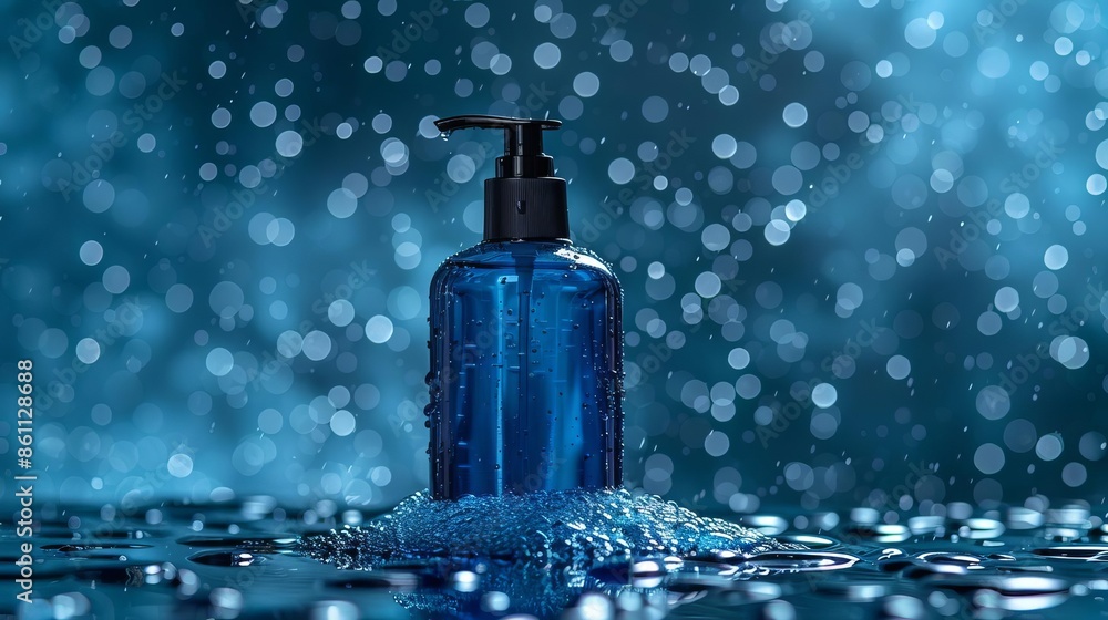blue shampoo bottle with black pump on table, blue background with rain drops, product photography, studio light blue shampoo bottle with black pump on table, blue background with rain drops, product photography, studio light