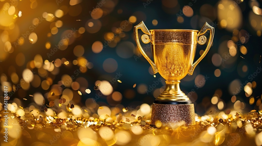A gleaming gold winners trophy cup, surrounded by gold confetti and sparkling glitter, symbolizing victory and success in a competition A gleaming gold winners trophy cup, surrounded by gold confetti and sparkling glitter, symbolizing victory and success in a competition