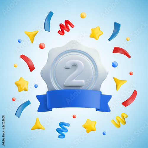 Vector cartoon 3d medal with number two, blue ribbon, stars and confetti. Trendy realistic silver round wavy second place award, festive winner badge sign. Cute 3d render prize illustration.