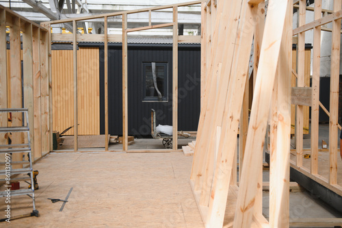 Production of new wooden modular houses. Construction site