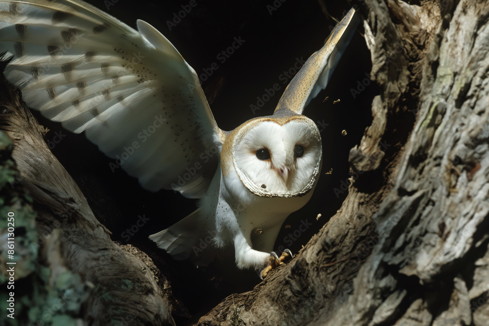 Obraz premium Barn owl taking flight from inside a tree trunk