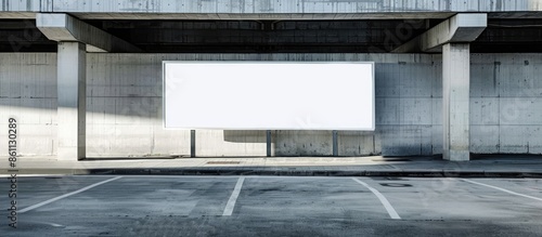 Fototapeta Naklejka Na Ścianę i Meble -  empty advertisement banner of white colour located between grey concrete building beams at parking lot on summer day. Copy space image. Place for adding text and design