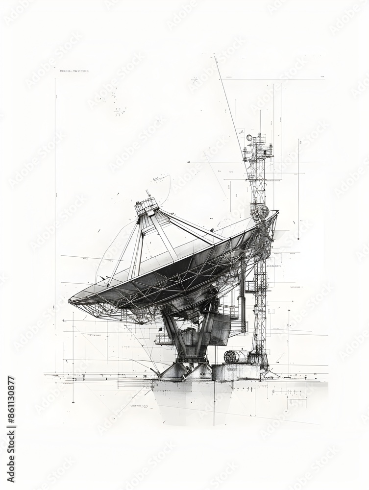 of Structural Satellite Dish Components with Minimal Lines and White Background of Structural Satellite Dish Components with Minimal Lines and White Background