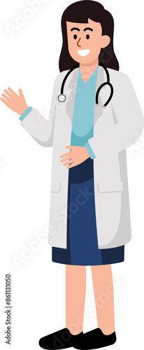 A woman doctor in a white lab coat is smiling and waving