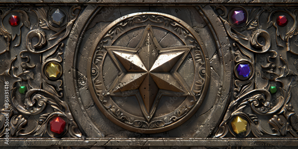 A gold star with a red gem in the center A gold star with a red gem in the center