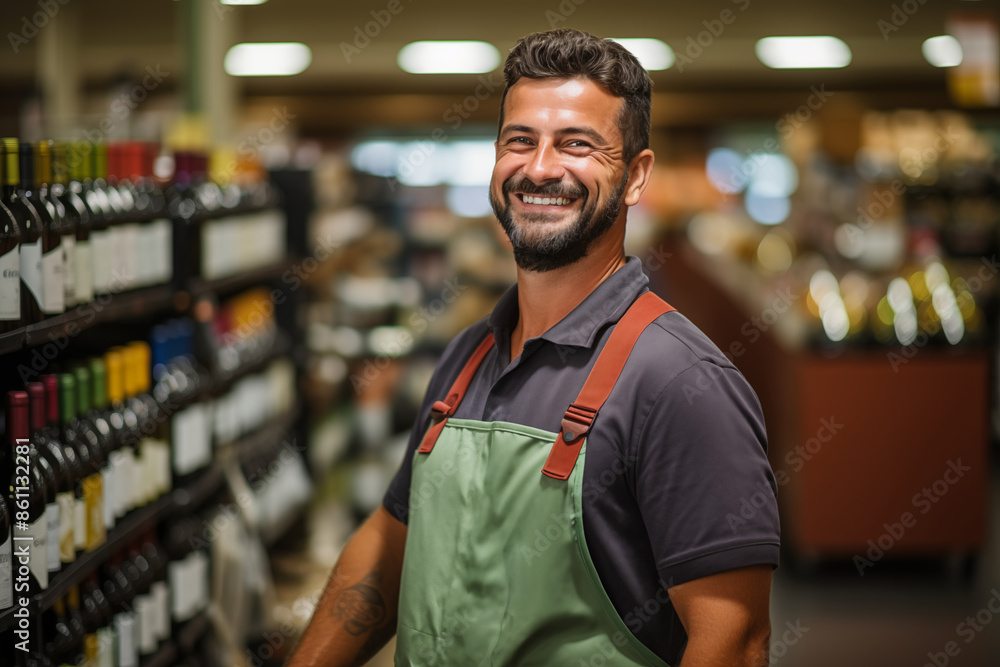 Worker in apron stands before food counte Worker in apron stands before food counte