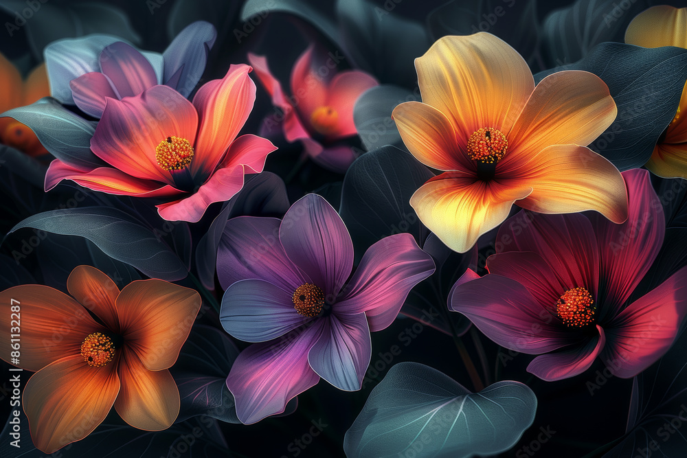 A colorful bouquet of flowers with a dark background A colorful bouquet of flowers with a dark background