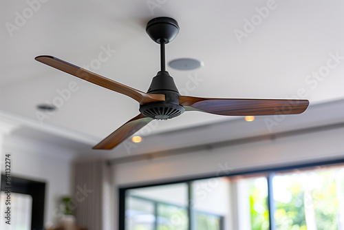 A sleek ceiling fan with dark wooden blades installed in a contemporary living room with a bright window