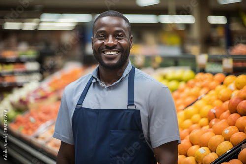 Worker in apron stands before food counte