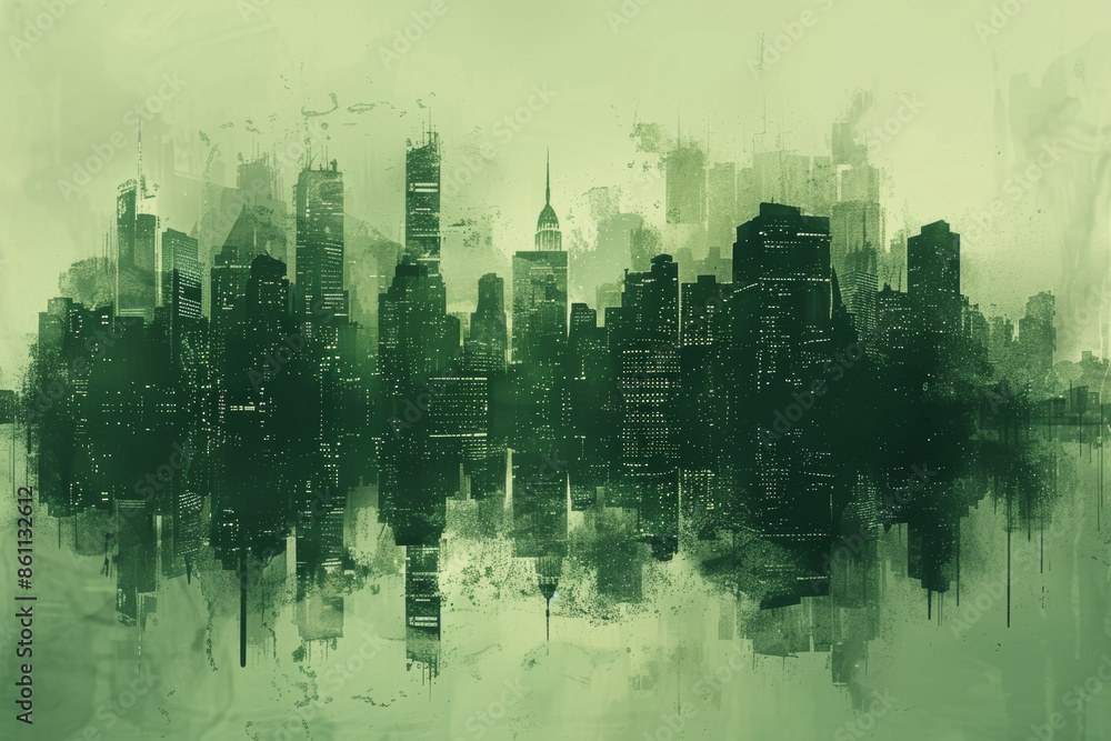 Obraz premium A city skyline is reflected in a body of water
