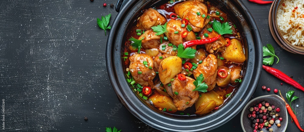 Chicken and potato cooked in a multi-cooker . Copy space image. Place for adding text and design Chicken and potato cooked in a multi-cooker . Copy space image. Place for adding text and design