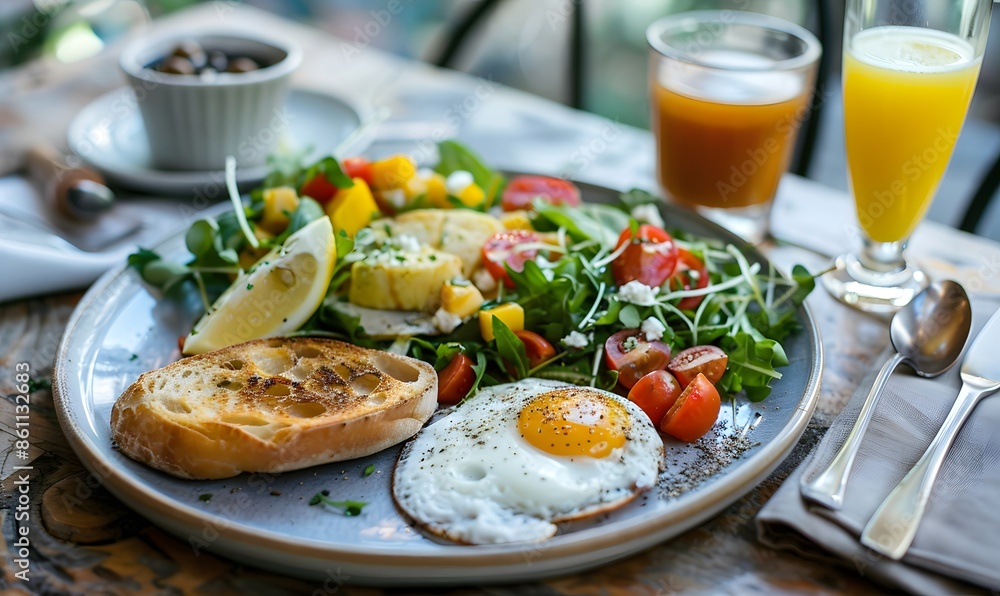 Breakfast with ciabatta and salad, Generative AI Breakfast with ciabatta and salad, Generative AI