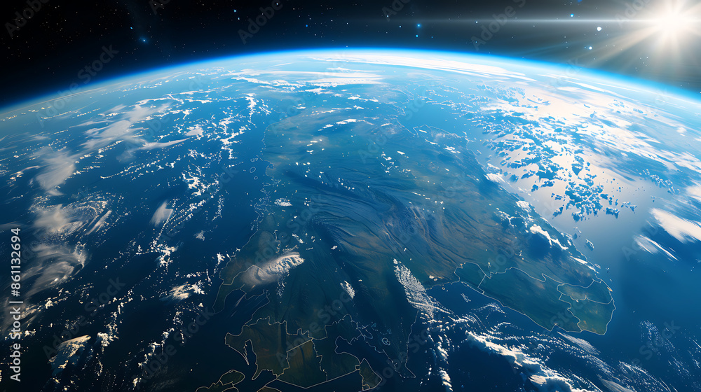 Fototapeta premium Earth in space with sun, moon, and atmosphere