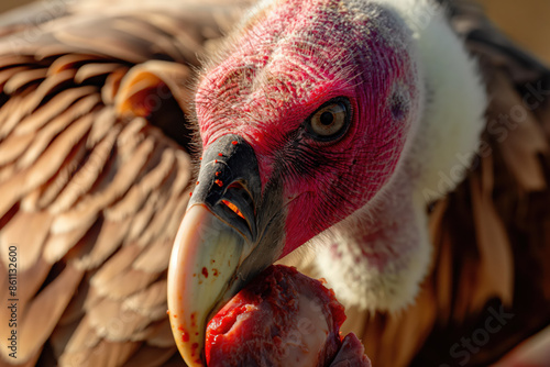 Lappet-faced vulture eating piece of meat close up photo