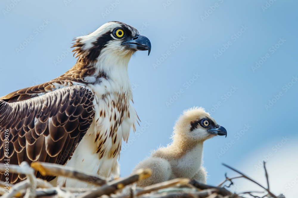 Fototapeta premium Osprey parent and chick resting in a nest