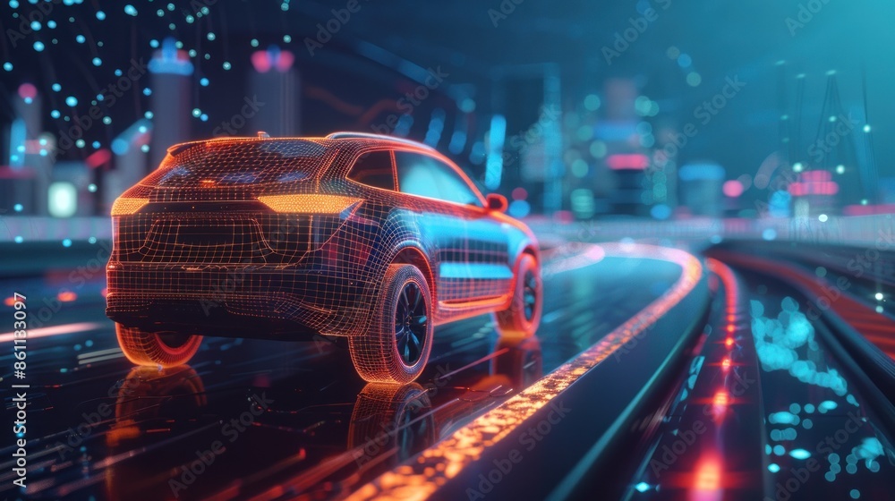 Fototapeta premium wireframe car concept on road and futuristic city on background SUV rear view, 3D rendering