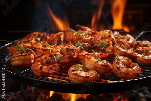 Grilled shrimp on a pan with vibrant colors. 