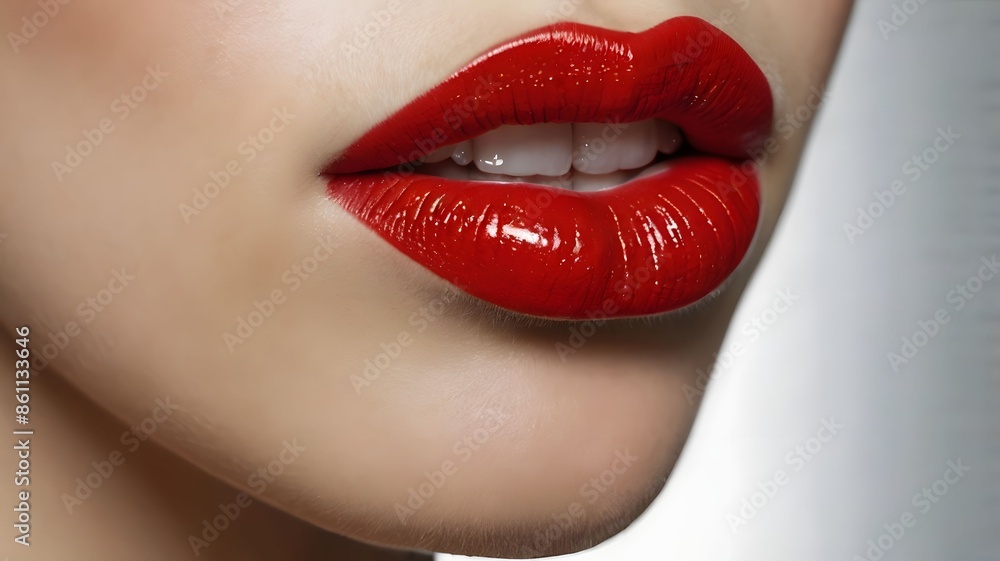 Obraz premium Close-up beautiful young attractive woman with super bright red hot lipstick, sensual girl wearing stunning color makeup, flirty radiant female confident look beautiful womanly and feminine cosmetics
