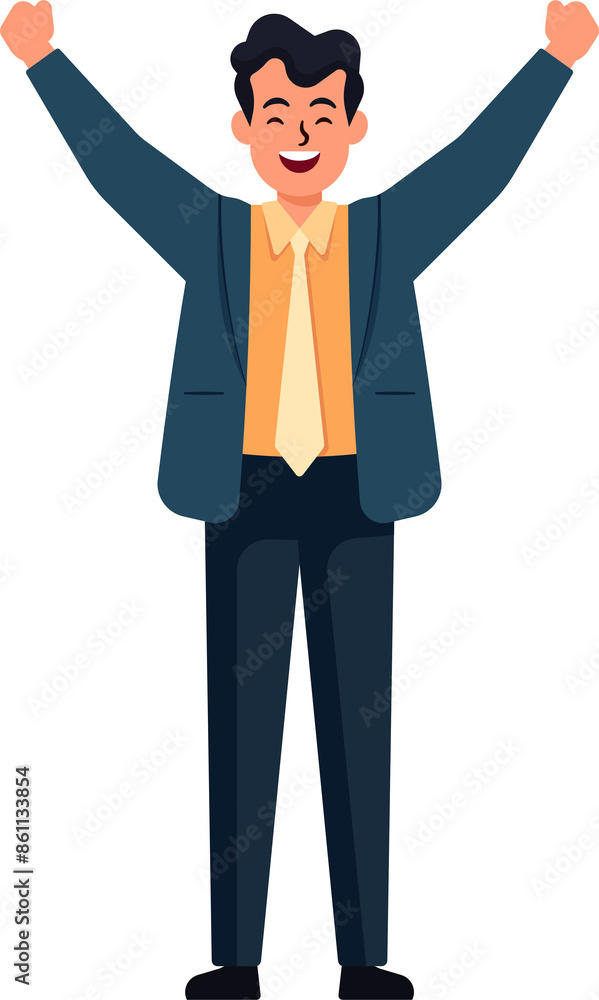 Obraz premium A businessman in a suit and tie is smiling and raising his arms in the air