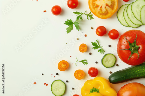 A colorful assortment of vegetables including tomatoes, cucumbers, and peppers
