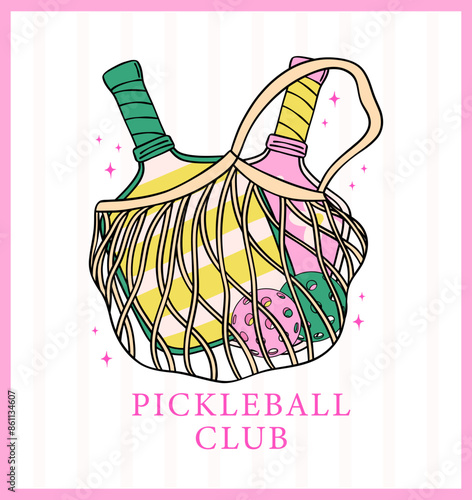 Retro preppy Pickleball paddle and ball in bag Trendy girly club Doodle Drawing