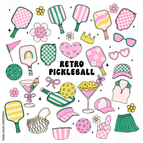 Retro Groovy Pickleball Vector Trendy Collection Doodle Drawing pink and green element set.