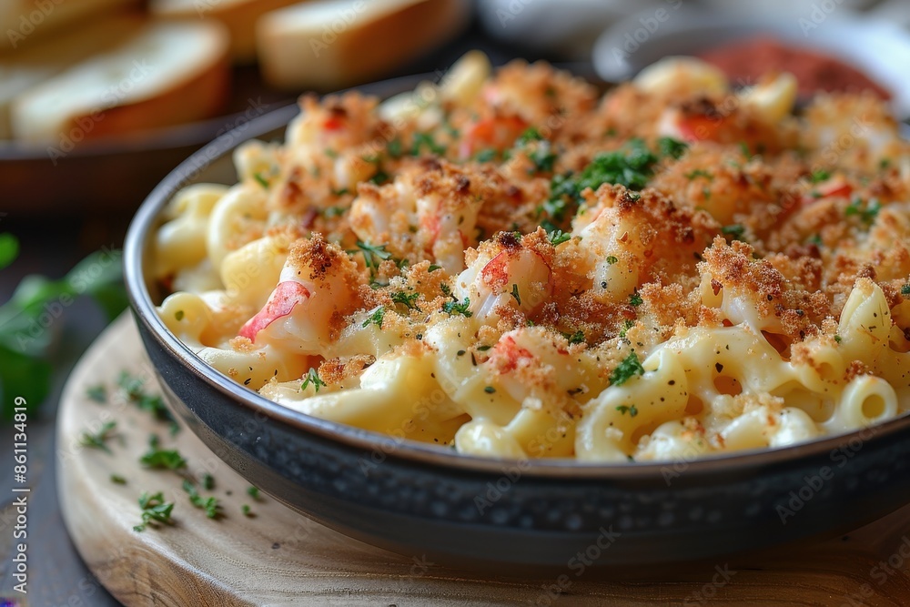 A bowl of lobster mac and cheese, made with a creamy cheese sauce and topped with breadcrumbs. A bowl of lobster mac and cheese, made with a creamy cheese sauce and topped with breadcrumbs.