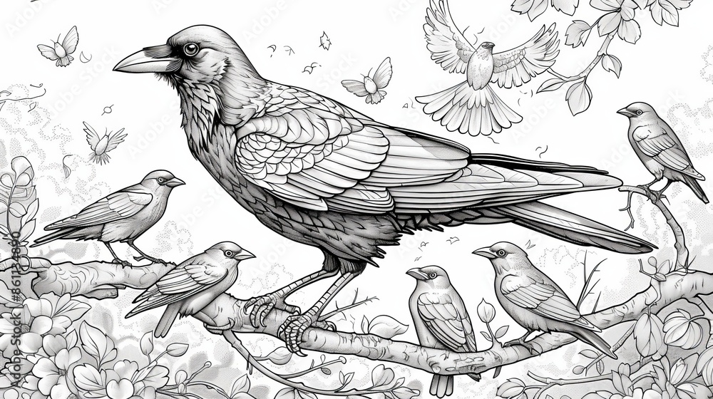 coloring book A beautiful detailed pencil drawing of a murder of crows perched on a branch. The image is full of intricate details and would be a great addition to any home or office. coloring book A beautiful detailed pencil drawing of a murder of crows perched on a branch. The image is full of intricate details and would be a great addition to any home or office.