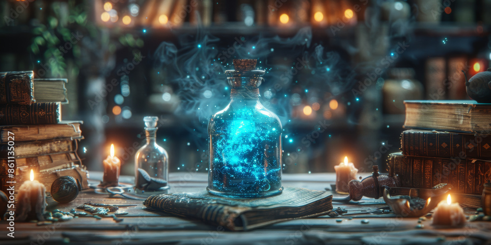 Obraz premium Mystical Potion Bottle on Vintage Table with Glowing Magic and Ancient Books in Candlelight