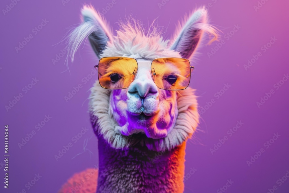 A llama wearing sunglasses with a purple background. AI. A llama wearing sunglasses with a purple background. AI.
