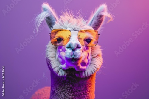 A llama wearing sunglasses with a purple background. AI. photo