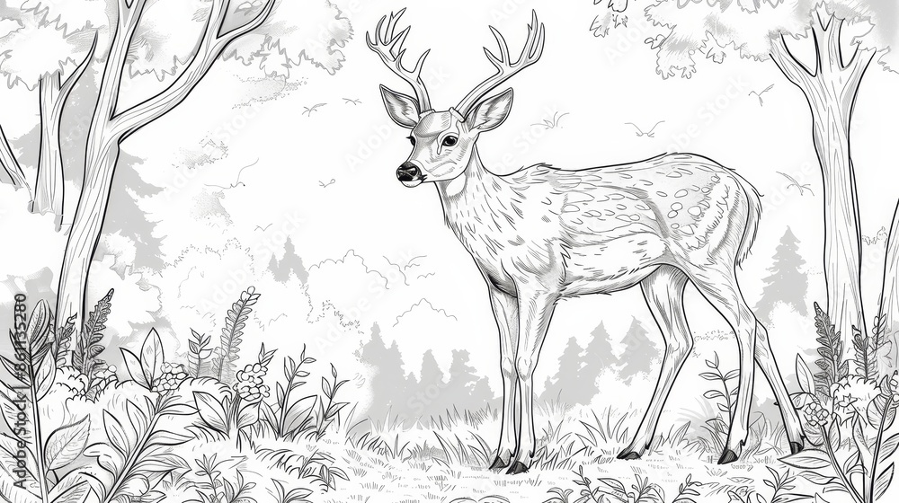 coloring book A detailed sketch of a deer standing in a dense forest coloring book A detailed sketch of a deer standing in a dense forest
