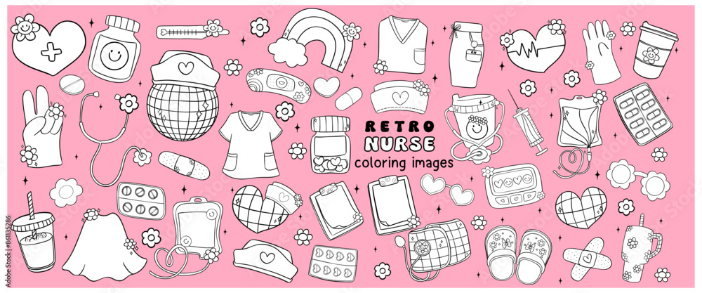 Fototapeta premium Retro groovy Disco nurse life doodle line drawings coloring images collection.