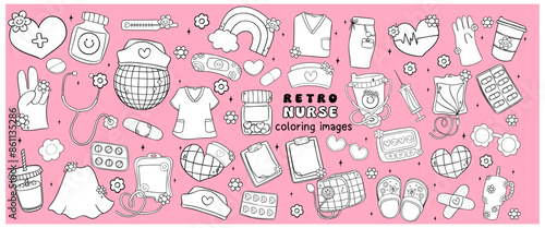 Retro groovy Disco nurse life doodle line drawings coloring images collection.