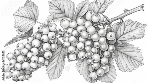 coloring book Black and white currant berries on the branch with leaves. Detailed botanical drawing. photo