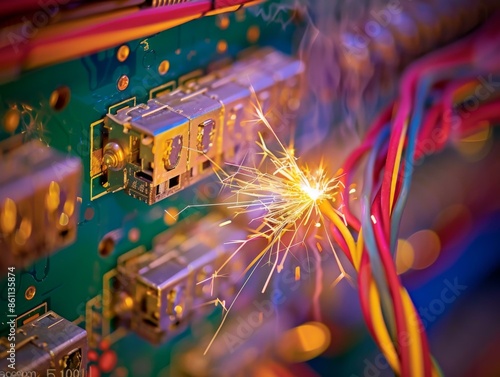 A circuit board with sparks flying from a faulty connection. AI. photo