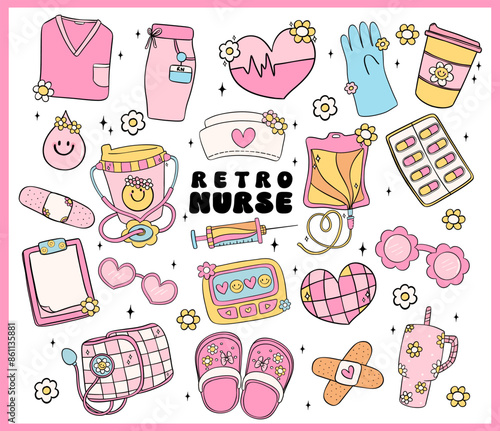 Retro groovy nurse life with vibrant pastel equipment doodle line drawings collection.