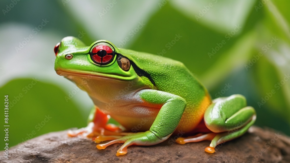 Green tree frog (Agalychnis callidryas) with red eyes, close-up.Terrarium, zoo laboratory. Nature, wildlife, biology, zoology, herpetology, science, education, graphic resource, design, 3D, copy space Green tree frog (Agalychnis callidryas) with red eyes, close-up.Terrarium, zoo laboratory. Nature, wildlife, biology, zoology, herpetology, science, education, graphic resource, design, 3D, copy space