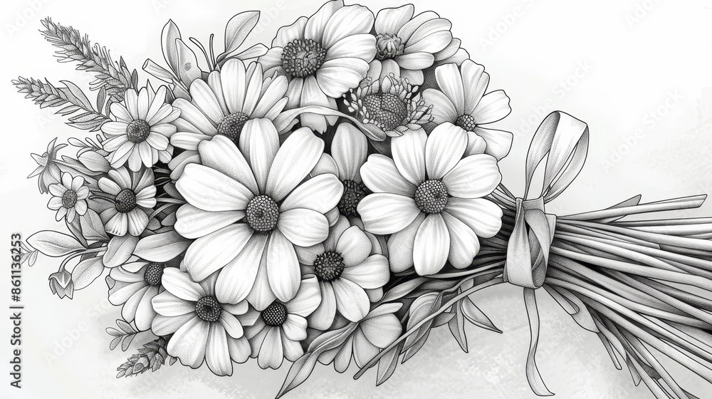 Obraz premium coloring book Black and white image of a bouquet of different flowers tied with a ribbon.