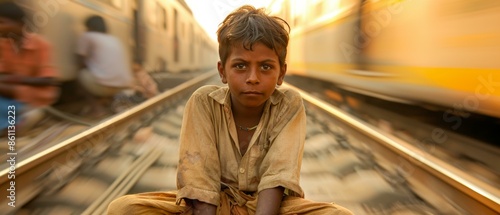 Portrait of a young boy sitting on a railroad track in India. AI. photo
