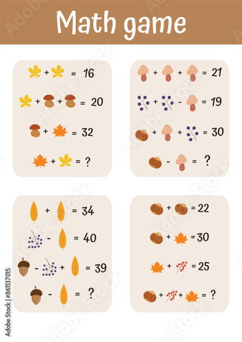 Math worksheet for school kids. First, second grade math worksheet, riddles for kids. Educational games for kids. Addition, Subtraction, counting tasks. Teacher resources, homeschooling, pedagogic pur