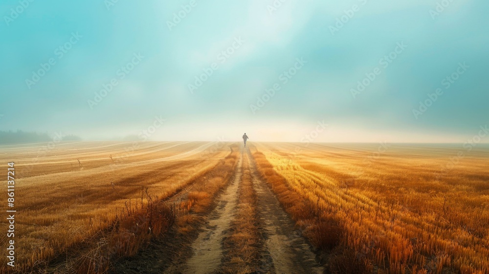 A lone traveler walks through a golden wheat field towards the horizon. AI. A lone traveler walks through a golden wheat field towards the horizon. AI.
