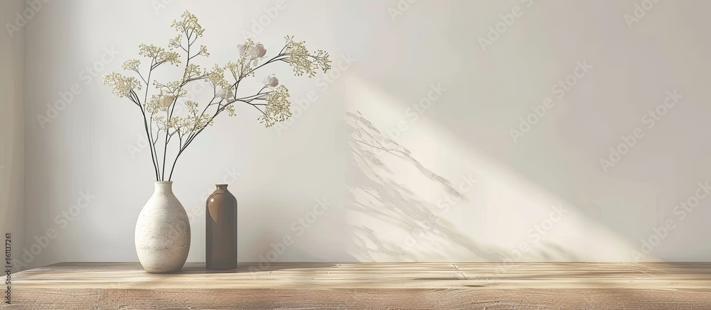A vase with flowers and a ceramic vase on a wooden table against a white wall in the room. Copy space image. Place for adding text and design A vase with flowers and a ceramic vase on a wooden table against a white wall in the room. Copy space image. Place for adding text and design