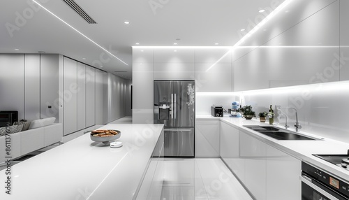 The photo shows a modern kitchen with white cabinets, a large island, and stainless steel appliances. The kitchen is open to the living room and has a minimalist design.