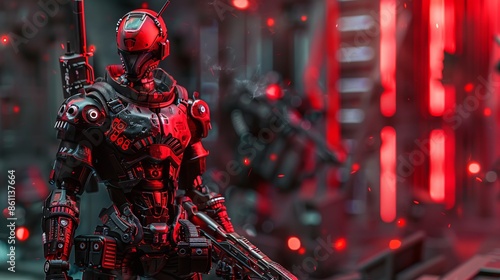 Illustration red black cyberpunk warrior