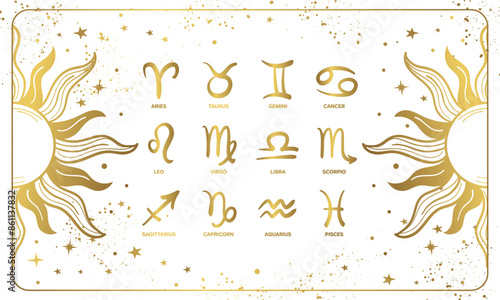 Set of 12 zodiac signs symbols on white background with golden sun, astrology banner, zodiac and horoscope card, vintage design. Vector line illustration.