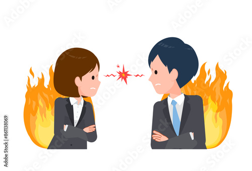 スーツを着たビジネスピープル男女。爆発寸前のケンカ中のにらみ合い 。