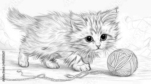 coloring book Cute kitten playing with a ball of yarn. photo
