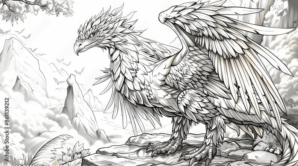 Fototapeta premium coloring book The image is a black and white pencil drawing of a griffin, a mythical creature with the head and wings of an eagle and the body of a lion