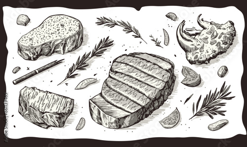 Hand drawn steak cuts and herbs sketch, accompanied by herbs and spices on a white background.